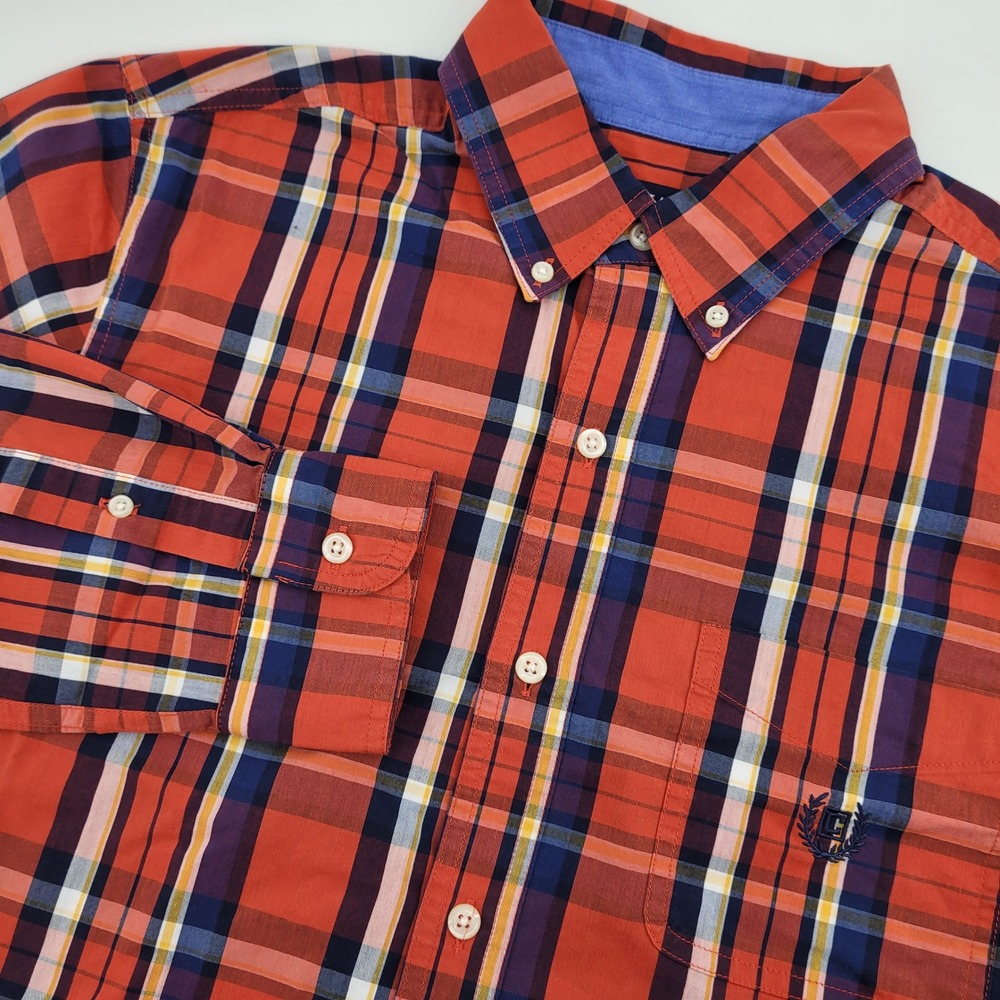 Chaps Mens Medium Red Navy Preppy Classic Office Plaid Stretch Button Down Shirt